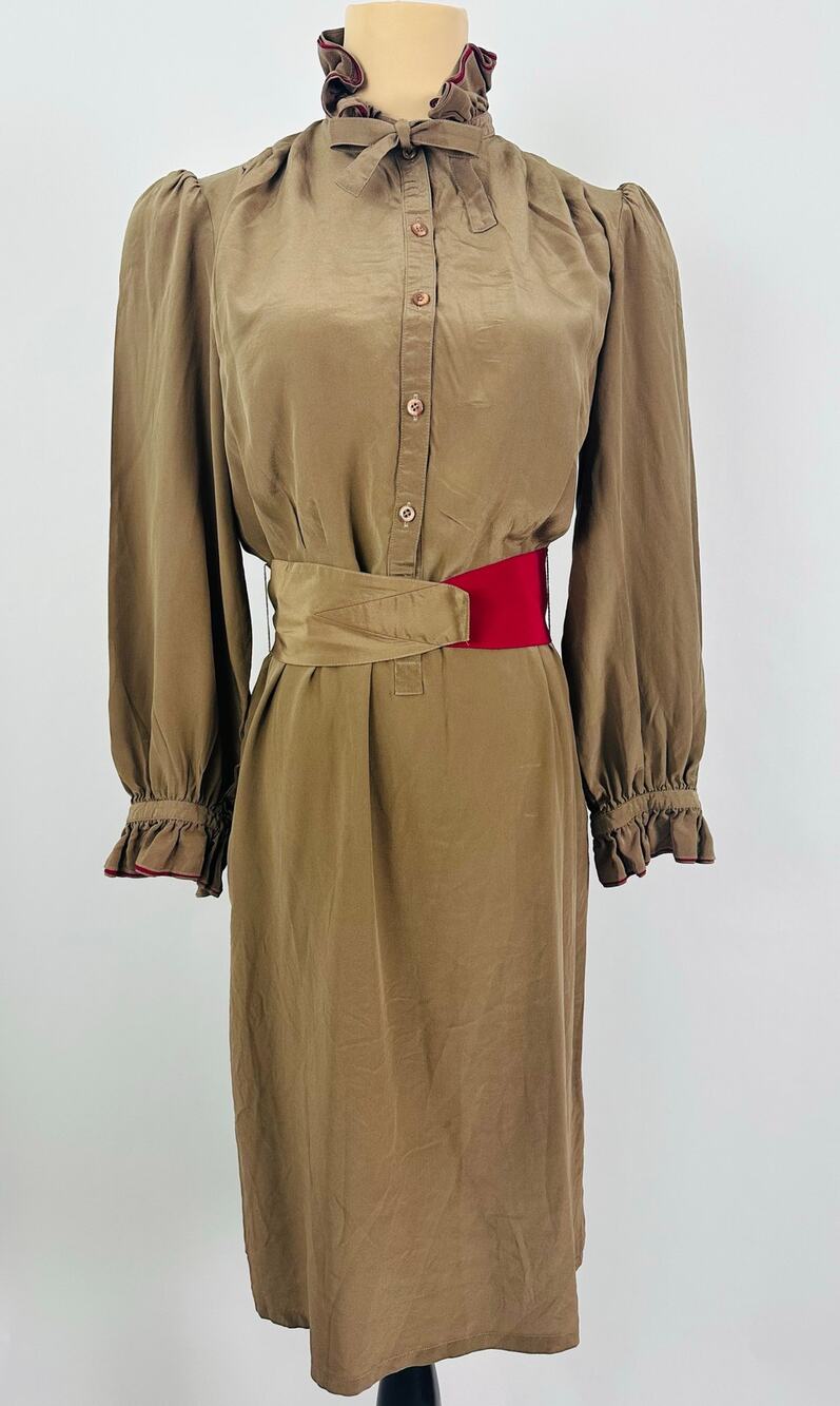 VTG Neiman Marcus Francesca of Damon 100% Silk Brown Secretary Dress Ruffle - 8
